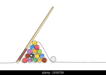 Eine durchgehende Linienzeichnung von dreieckigen Pyramidenbällen für Billardspiele im Billardzimmer. Turnier Indoor-Sportspiel-Konzept. Dynamisches Si Stock Vektor