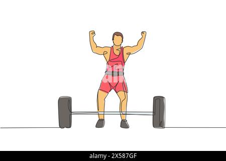 Eine durchgehende Linienzeichnung eines jungen Bodybuildermannes, der im Fitnessstudio mit einer schweren Gewichtsstange Sport macht. Kraftlifter-Zug-Gewichtheben-Konzept. Dynamische s Stock Vektor