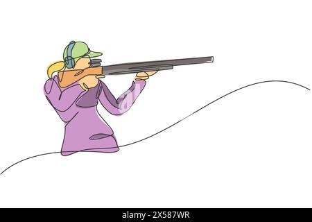 Einzelne durchgehende Linienzeichnung einer jungen Sportlerin, die eine Waffe hält und trainiert, um das Ziel des taktischen Schießens zu erreichen. Shooting Sport Training Conep Stock Vektor