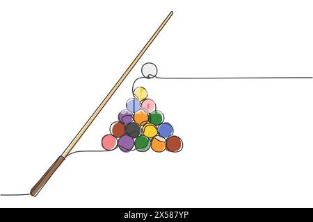 Einzelne durchgehende Linienzeichnung von dreieckigen Pyramidenkugeln für Billardspiele im Billardzimmer. Indoor-Sportspiel-Konzept. Trendige einzeilige dr Stock Vektor