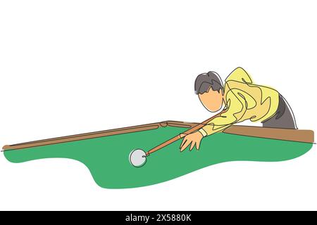 Eine einzelne Zeilenzeichnung des jungen gutaussehenden Mannes, der BillardBillard an Billardraum-Vektor-Illustration-Grafik spielt. Indoor-Sport Freizeitspiel Conc Stock Vektor