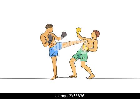 Einzelne durchgehende Linienzeichnung eines jungen sportlichen Kickboxers, der in der Sporthalle um den Meistertitel kämpft. Kickboxen Sportkonzept im Kampf. Stock Vektor