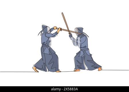 Eine durchgehende Linienzeichnung von zwei jungen Sportmännern, die Kendo-Kampfkünste mit Sparring im Dojo-Zentrum trainieren. Gesundes Kampfsportkonzept. Dyn Stock Vektor
