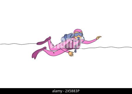 Einzelne durchgehende Linienzeichnung junger sportlicher Männer, die auf dem Meer schwimmen, um das Leben der Fische und Korallenriffe zu erkunden. Unterwasser-Tauchen-Sportkonzept. Stock Vektor