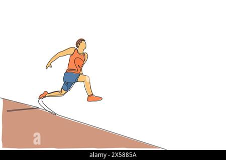 Eine einzelne Linie Zeichnung der jungen sportlichen Mann Übung läuft vor langem Sprung in Sand Pool Vektor Illustration. Gesundes Sportkonzept. Komp Stock Vektor
