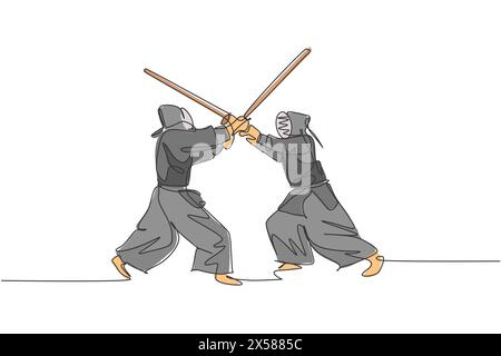 Eine durchgehende Linienzeichnung von zwei jungen Sportmännern, die Kendo-Angriff und Verteidigungsfähigkeiten im Dojo-Zentrum trainieren. Gesundes Kampfsportkonzept. Dynamisch Stock Vektor