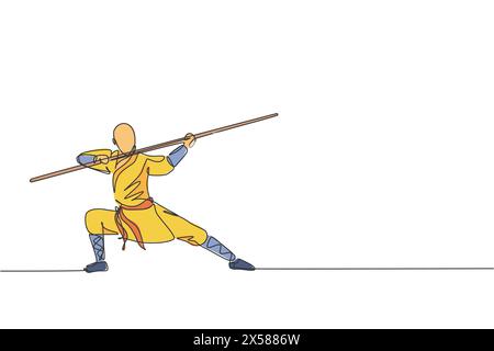 Eine einzelne Zeilenzeichnung des jungen energischen shaolin Mönchs Mann Übung Kung Fu Kampf mit Stock an Tempel Vektor Illustration. Alte chinesische martia Stock Vektor