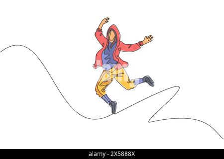 Eine durchgehende Linienzeichnung eines jungen, sportlichen Breakdancer-Mannes zeigt Hip Hop-Jumping-Tanzstil auf der Straße. Urbanes Lifestyle-Sportkonzept. Dynamisches Si Stock Vektor