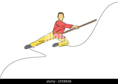 Eine fortlaufende Linienzeichnung von Wushu-Meister-Mann springt, Kung-Fu-Krieger im Kimono mit langem Personal im Training. Kampfkunstsportwettbewerb-Konzept. Dyn Stock Vektor