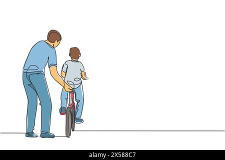 Eine einzeilige Zeichnung des jungen Vaters, der seinen Sohn beim Fahrradfahren an der Vektorgrafik-Illustration des öffentlichen Parks unterrichtet. Vaterschaftsunterricht. Urbane Familie Stock Vektor