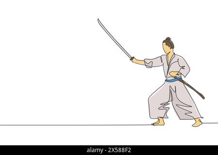 Eine fortlaufende Linienzeichnung junger tapferer Samurai-Krieger-Pose, die bereit ist, beim Training anzugreifen. Kampfsportkonzept der Kampfkunst. Dynamisches Si Stock Vektor