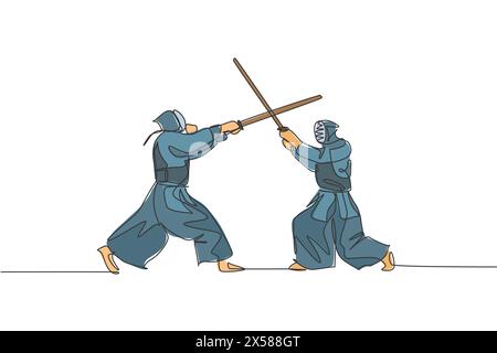 Eine durchgehende Linie, die zwei junge Männer anzieht, die um Kendo-Meisterschaft im Dojo-Zentrum kämpfen. Gesundes Kampfsportkonzept. Dynamisches Si Stock Vektor