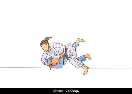 Eine einzelne Linie zeichnet zwei junge energetische Judokas Kämpfer Frauen kämpfen im Gym Center Grafik Vektor Illustration. Kampfkunstsport-Wettkämpfe Stock Vektor