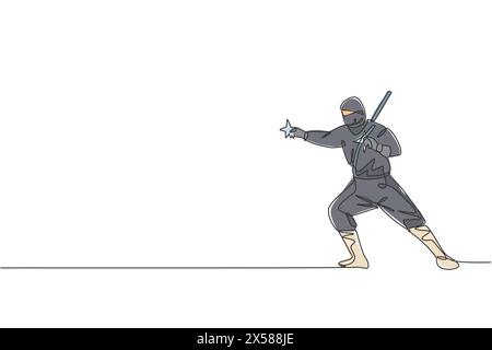 Eine durchgehende Linienzeichnung junger tapferer japanischer Ninja-Figur auf schwarzem Kostüm mit Angriffsposition. Kampfkunst-Kampfkonzept. Dynamisches Si Stock Vektor