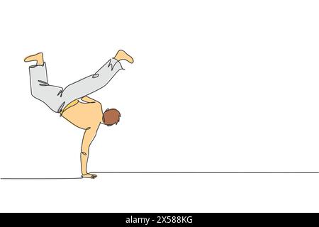 Eine einzelne Zeilenzeichnung des jungen energischen Mannes Capoeira Tänzer führen tanzende Kampf Vektor-Illustration Grafik. Traditionelle Kampfkunst Lifestyle sp Stock Vektor