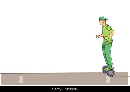 Eine einzelne Linienzeichnung des jungen energetischen Mannes, der auf dem Hoverboard des Stadtparks reitet, Vektor-Grafik-Illustration. Zukünftiger Transporter. Gesunder Lifestyle-Sport Stock Vektor