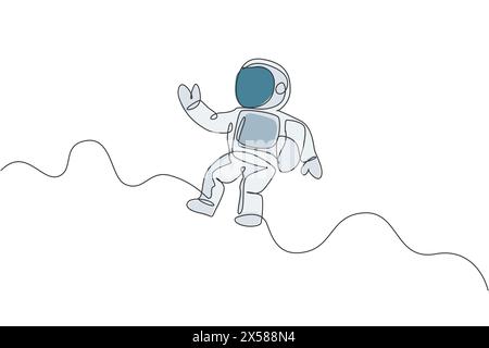 Eine durchgehende Linienzeichnung eines jungen Astronautenforschers, der den Weltraum im Retro-Stil erforscht. Raumfahrt-Kosmos-Entdeckungskonzept. Dynamische Einzellinie Stock Vektor