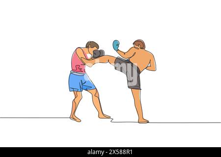Einzelne durchgehende Linienzeichnung junger Sportmannkickboxer-Kämpfe in der Sportarena um den lokalen Meistertitel. Kampf gegen Wettbewerb Kickboxen Sport c Stock Vektor