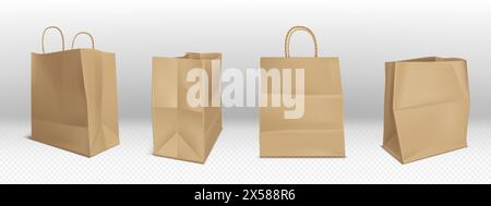Bastelt braune Papiertüten. Realistische Vektor-Illustration Set von Imbiss- und Lebensmitteleinkaufspaket mit und ohne Griffe. Leere Kraftpaketvorlage für Lebensmittel. Leerer Supermarkt-Paperbag. Stock Vektor