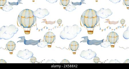 Wasserfarben Heißluftballons mit Girlanden, Wolken. Kinderillustration. Pastellfarben Blau und Beige. Hintergrund für Kinderzimmer, Poster, Te Stockfoto