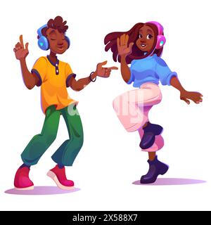 Glückliche Männer und Frauen hören Musik. Junge Leute tanzen und haben Spaß mit einem Freund. Afrikanische Teenager genießen Sound in Ohrhörern. Modernes Grafikset mit schwarzem Teenager-Lächeln in Kopfhörern Stock Vektor