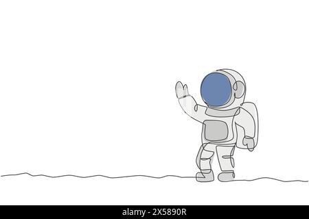 Eine einzige Linienzeichnung eines jungen Astronauten im Raumanzug, der an der grafischen Illustration des Weltraums fliegt. Raumfahrt Abenteuer galaktisches Raumkonzept. Stock Vektor