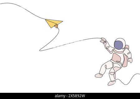 Eine einzelne Linienzeichnung des Astronauten des Weltraummannes, der den Weltraum erforscht und Flugzeugpapier-Grafik-Vektor-Illustration startet. Fantasy-Weltraum-Leben-Fiktion Stock Vektor