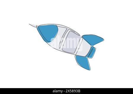 Eine einzelne, durchgehende Linienzeichnung der Raketenstarts fliegt ins Himmelsuniversum. Vintage-Raumschiff. Einfaches Retro-Weltraumfahrzeug-Konzept. Trend Stock Vektor