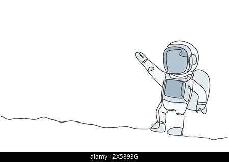 Eine durchgehende Linienzeichnung eines jungen Astronautenforschers, der den Weltraum im Retro-Stil erforscht. Raumfahrt-Kosmos-Entdeckungskonzept. Dynamische Einzellinie Stock Vektor