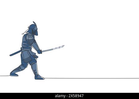Eine einzelne Zeilenzeichnung des jungen japanischen Samurai-Kriegers, der Katana-Schwert hält, das an der Dojo-Mitte-Vektor-Illustration-Grafik übt. Kämpferische martia Stock Vektor