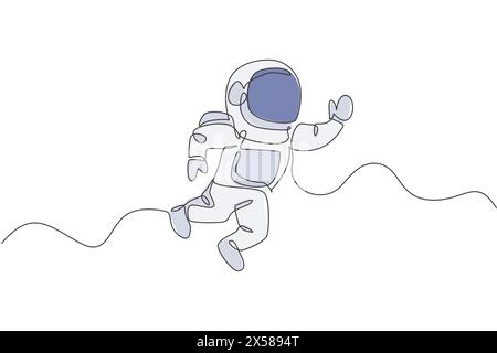 Eine durchgehende Linienzeichnung eines jungen Astronautenforschers, der den Weltraum im Retro-Stil erforscht. Raumfahrt-Kosmos-Entdeckungskonzept. Dynamische Einzellinie Stock Vektor