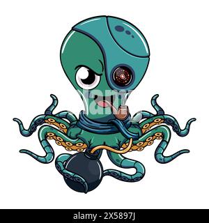 Der böse Octopus Cyborg-Charakter raucht eine Pfeife mit einer Bombe in seinem Tentakel. Illustration für Fantasy, Science Fiction und Adventure Comics Stock Vektor