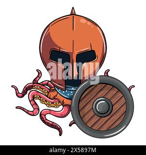 Cartoonfigur Gladiatorenkämpfer Oktopus mit Schutzschild. Illustration für Fantasy, Science Fiction und Adventure Comics Stock Vektor