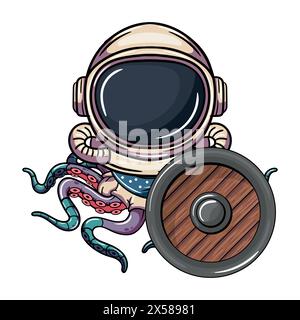 Cartoon-Oktopus-Cyborg-Astronautenfigur mit Schutzschild. Illustration für Fantasy, Science Fiction und Adventure Comics Stock Vektor