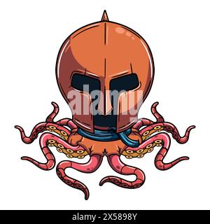 Cartoon Gladiator Cyborg Krake Figur mit mittelalterlichem Helm. Illustration für Fantasy, Science Fiction und Adventure Comics Stock Vektor