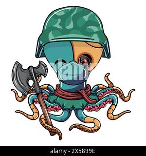 Cartoon Militär Cyborg Krake Charakter mit Gesichtsmaske und Axt in seinem Tentakel. Illustration für Fantasy, Science Fiction und Adventure Comics Stock Vektor