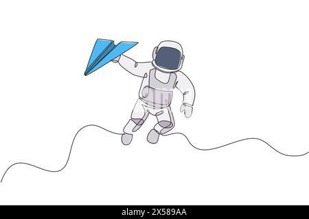 Eine durchgehende Linienzeichnung eines Kosmonauten, der den Weltraum erforscht. Astronaut hält Papierflugzeug. Fantasy-kosmische Galaxie-Entdeckungskonzept. Dynamischer Single Stock Vektor
