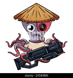 Cartoon Cyborg Krake mit chinesischem Hut, Schrotflinte und Pfeife rauchen. Illustration für Fantasy, Science Fiction und Adventure Co Stock Vektor