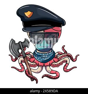 Cartoon-Polizei-Cyborg-Kraken-Charakter mit Schutzbrille, Schutzmaske und Kriegsaxt. Illustration für Fantasy, Science Fiction und Adventure Co Stock Vektor