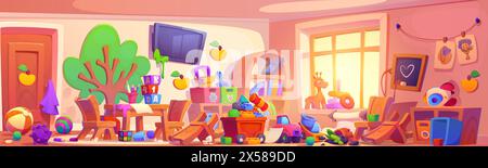 Unordentliches Kinderklassenzimmer oder Kinderzimmer mit Spielzeug für Kinder Hintergrund. Vorschule oder Kindergarten Haus Chaos Innenraum für Spielplatz Illustration. Fernseher, Schreibtisch und Stuhl Kindergartenmöbel Stock Vektor
