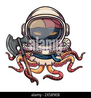 Cartoonfigur eines Oktopus-Cyborg-Astronauten mit Kosmonautenhelm mit Kriegsbeile im Tentakel. Illustration für Fantasy, Science Fiction und Adventszeit Stock Vektor