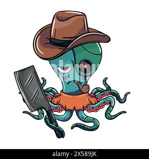 Oktopus-Comic-Cyborg-Gangster mit Cowboyhut, raucht eine Pfeife und ein Fleischmesser in seinem Tentakel mit ungeduldigem Ausdruck. Abbildung für Stock Vektor