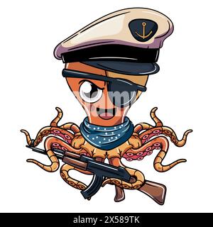 Cartoon-Seemann Cyborg-Oktopus-Charakter mit marineblauer Mütze und Schrotflinte. Illustration für Fantasy, Science Fiction und Adventure Comics Stock Vektor