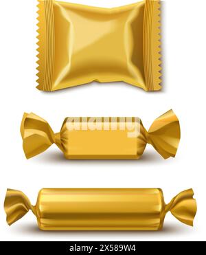 Mockup für goldene Schokoladenbonbons. Beutelpackung für Wafer-Süßwaren oder Kekse. Einwegbeutel aus 3D-Folie. Süßes-Snack-Paket isolierte realistische Vorlage. Design-Set mit Twist-Papierverpackung Stock Vektor