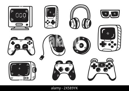 Eine Sammlung von Controllern und Zubehör für Videospiele. Zu den Controllern gehören eine Wii-Fernbedienung, ein Nintendo GameCube-Controller und ein Nintendo Wii Nunch Stock Vektor