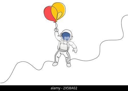 Eine durchgehende Linienzeichnung eines Kosmonauten, der den Weltraum erforscht. Astronaut fliegt mit Ballonen. Fantasy-kosmische Galaxie-Entdeckungskonzept. Dynamische Einzel Stock Vektor