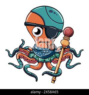 Cartoon Comic-Figur Cyborg Krake mit Piratenfleck raucht eine Pfeife mit einem Zepter. Illustration für Fantasy, Science Fiction und Adventure Comics Stock Vektor