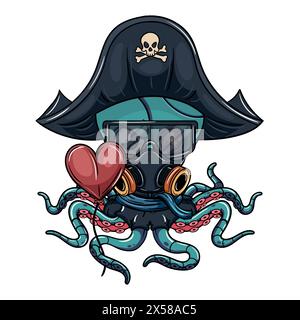 Oktopus-Cartoon Cyborg-Comic Angry Pirat mit Brille und Gasmaske mit einem Herzballon in seinem robotischen Tentakel. Illustration für Fantasy, Science fi Stock Vektor