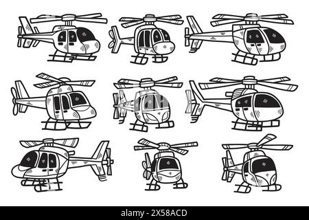 In einer Reihe sind mehrere Karikaturhubschrauber dargestellt. Die Designs variieren in Größe und Form, haben aber alle dieselbe Grundstruktur. Die Szene wird wiedergegeben Stock Vektor