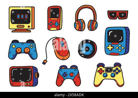 Eine Sammlung von Controllern und Zubehör für Videospiele. Zu den Controllern gehören eine Wii-Fernbedienung, ein Nintendo GameCube-Controller und ein Nintendo Wii Nunch Stock Vektor